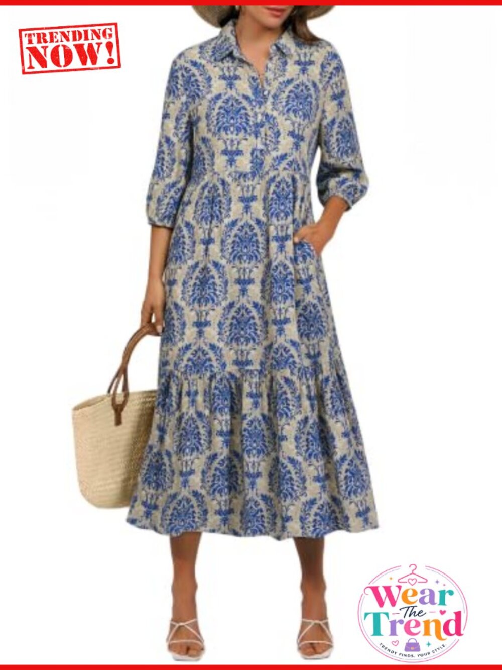 Women's Floral Maxi Dress 3/4 Puff Sleeve V-Neck Casual Tiered